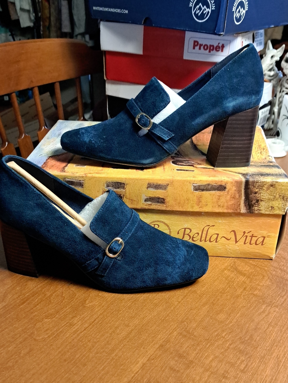 Bella Vita Navy Suede Block Heel Loafers with Buckle Strap 7